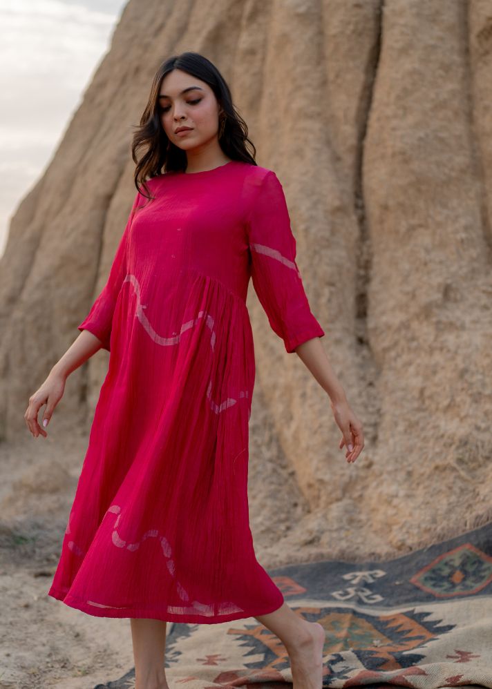 A Model Wearing Pink Chanderi Cotton Pink Kara Dress, curated by Only Ethikal