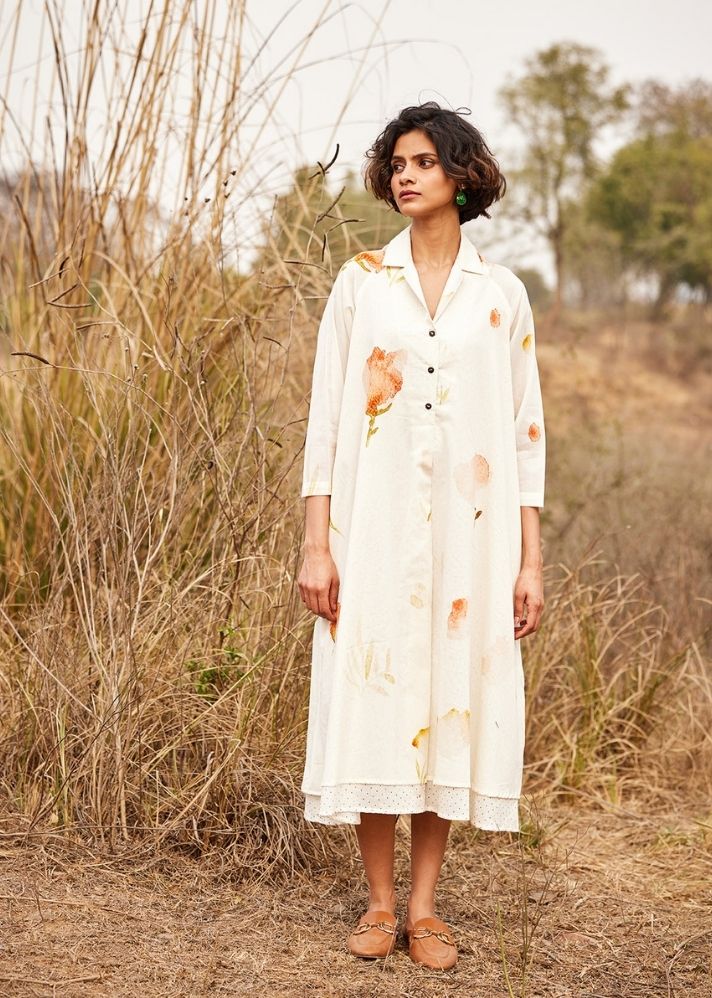 A Model Wearing White Cotton Mul French Hydrangea, curated by Only Ethikal