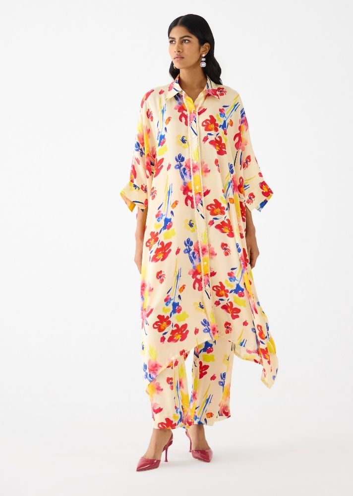 A Model Wearing Multicolor Vegan Silk Riad Front Button Kimono & Trousers, curated by Only Ethikal