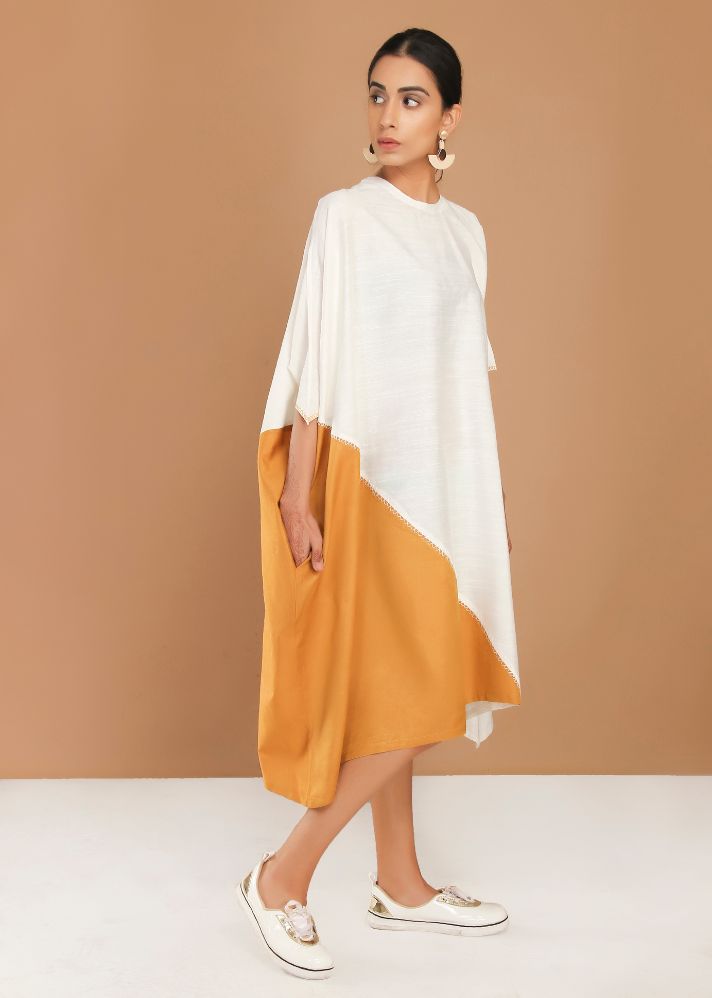 White And Mustard Asymmetric Minimal Dress