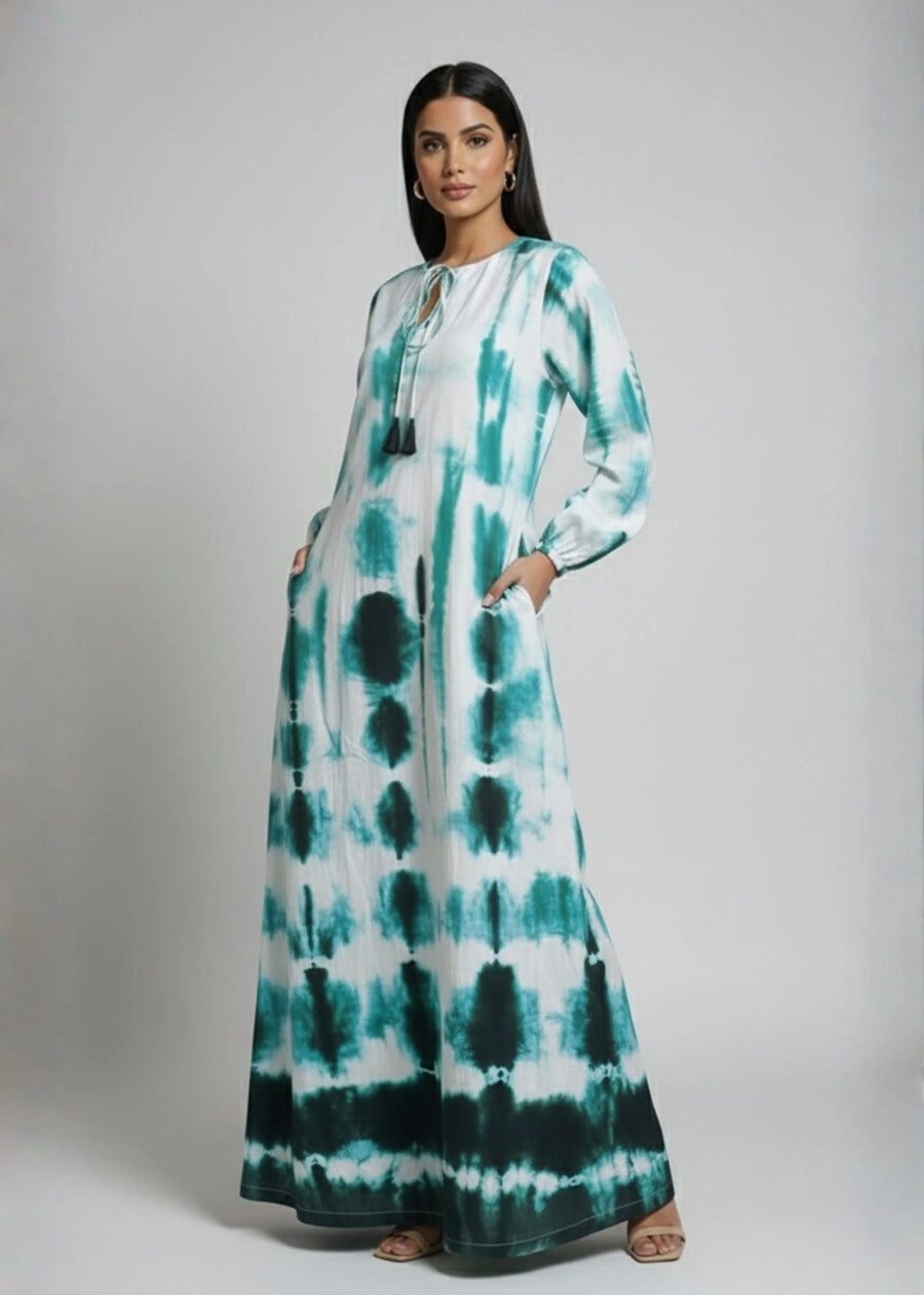 Emerald Tide Shibori Kaftan Dress
