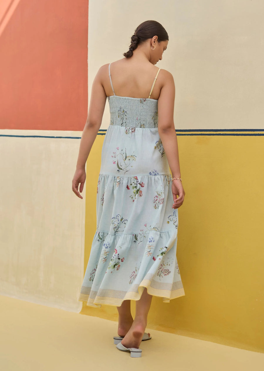 Hena Watercolour Floral Tiered Dress- Sky