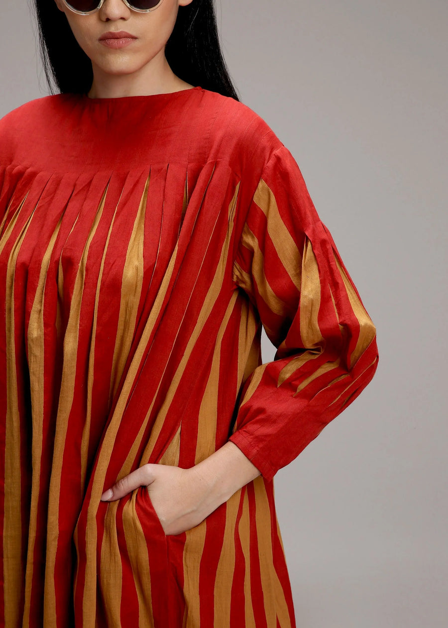 Tan-Brown Red Striped Balloon Dress