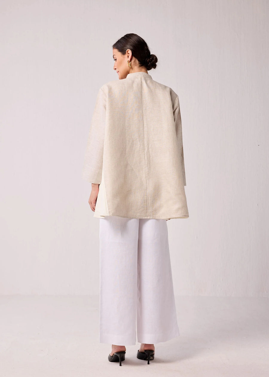 Oversized Long Hemp Shirt With Mandarin Collar In Beige