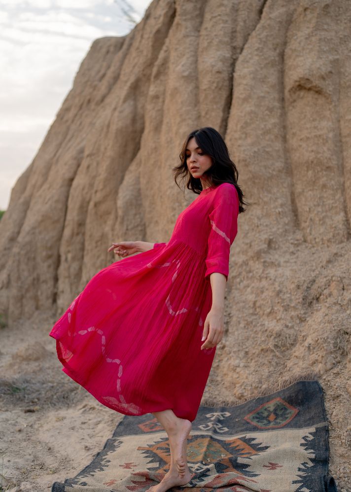 A Model Wearing Pink Chanderi Cotton Pink Kara Dress, curated by Only Ethikal