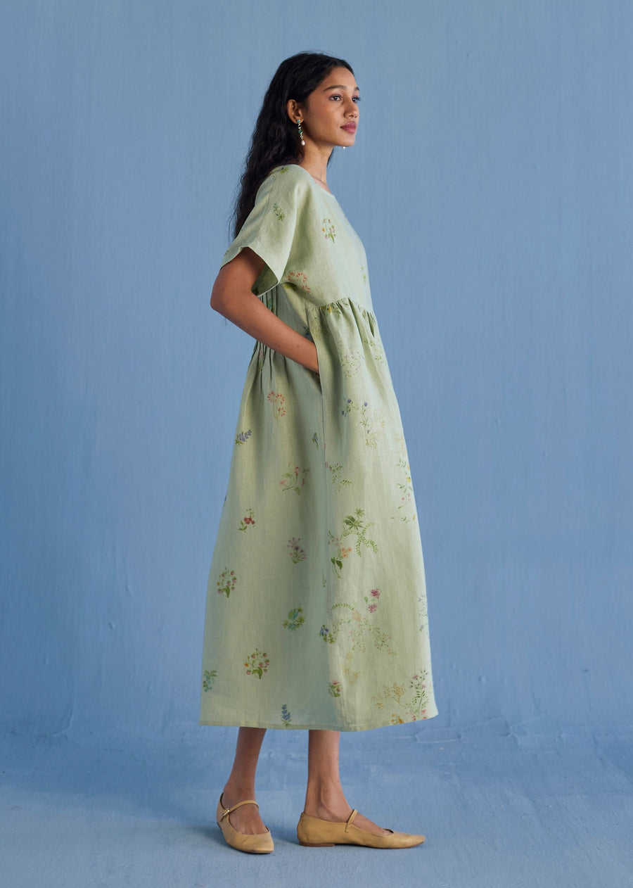 Rasa Floral Printed Sheer Linen Dress - Mint