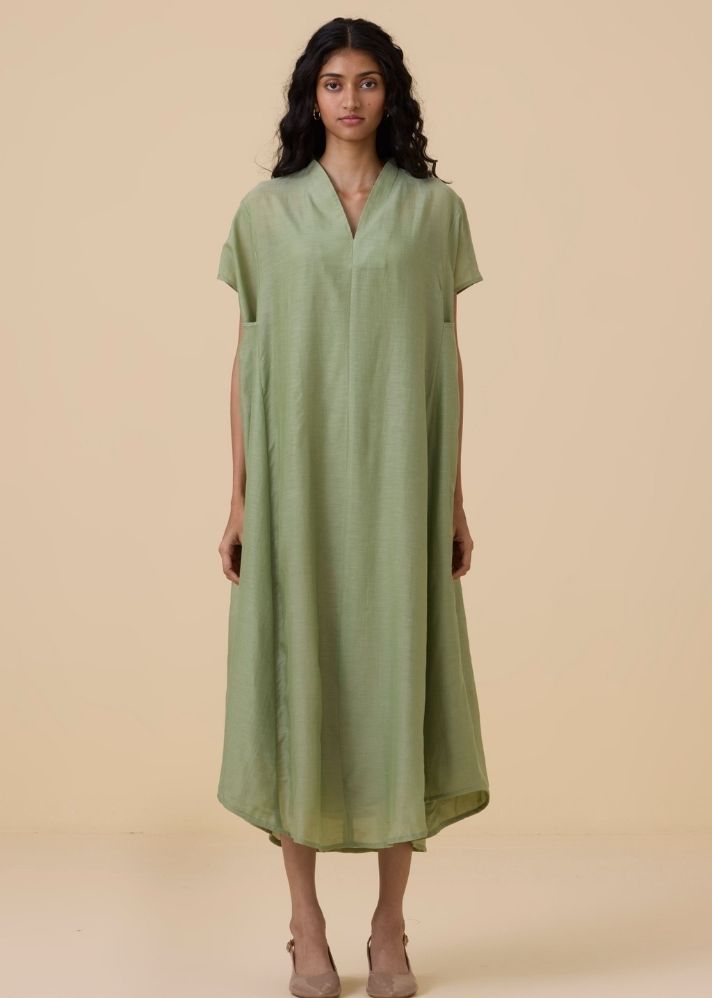 A Model Wearing Green Cotton Silk Meer Green Kaftan , curated by Only Ethikal