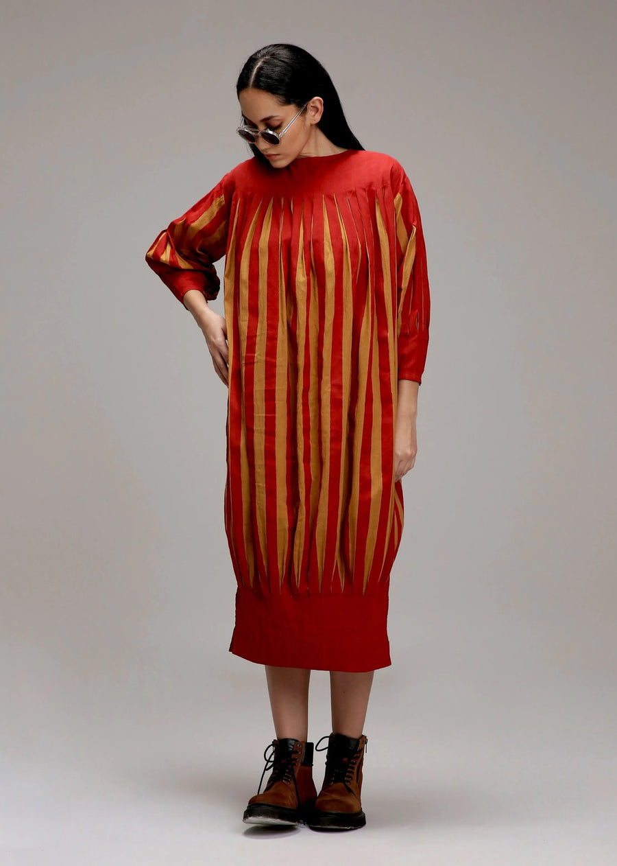 Tan-Brown Red Striped Balloon Dress