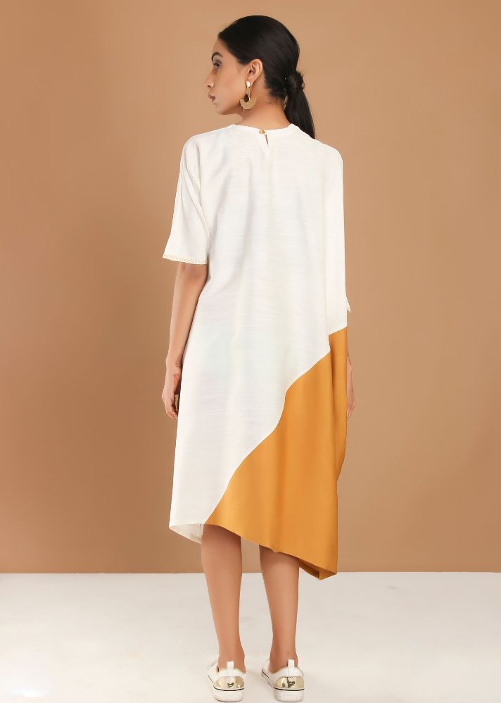 White And Mustard Asymmetric Minimal Dress