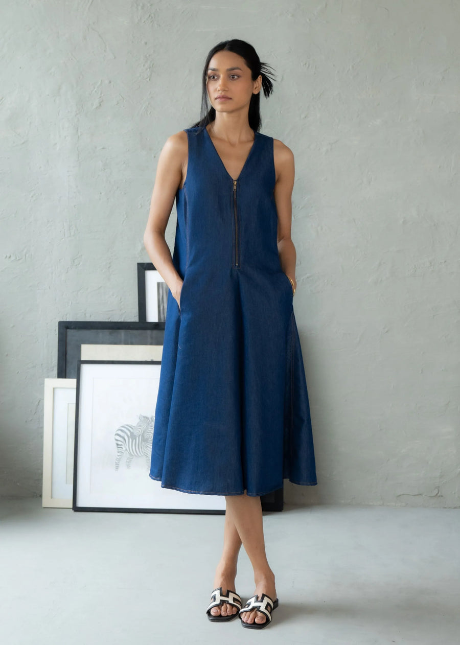 A Model Wearing Blue Denim Zippy Drive Dress, curated by Only Ethikal