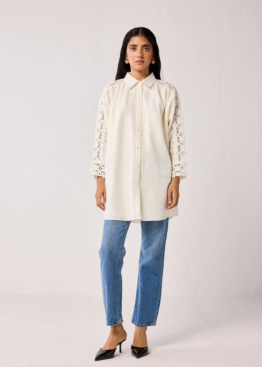A Model Wearing Off White Hemp Oversized Long Hemp Shirt With Embroidered Sleeve Detail In Off-White, curated by Only Ethikal