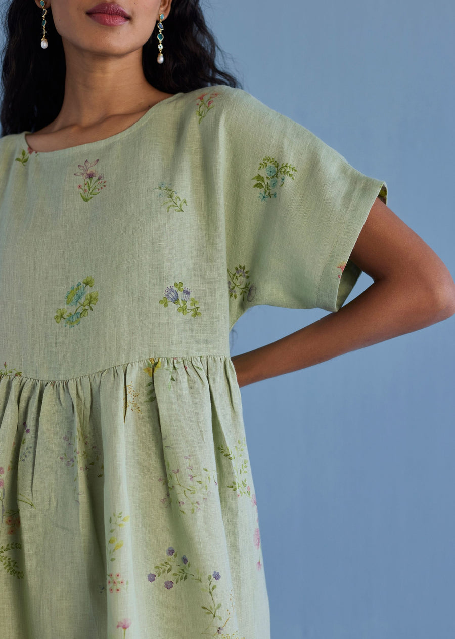 Rasa Floral Printed Sheer Linen Dress - Mint