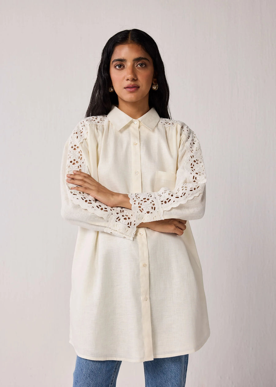 Oversized Long Hemp Shirt With Embroidered Sleeve Detail In Off-White