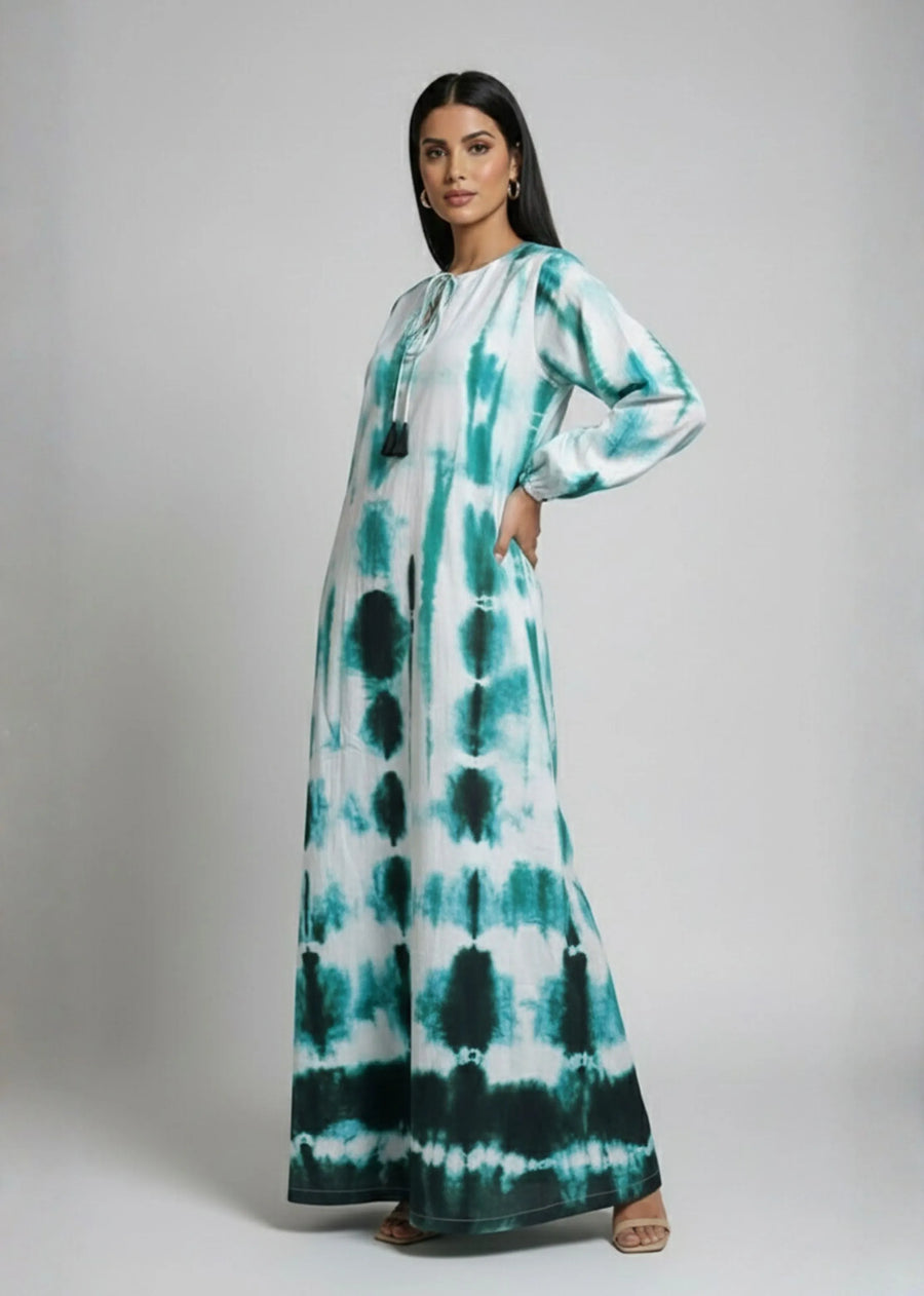 Emerald Tide Shibori Kaftan Dress