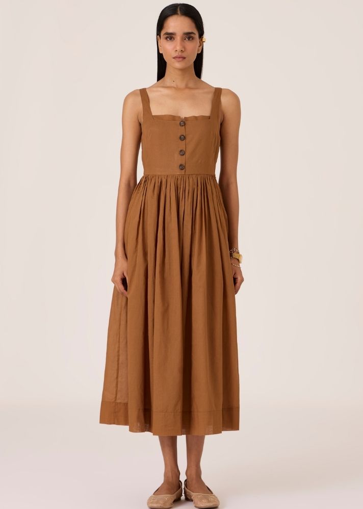 A Model Wearing Brown Chanderi Cotton Ari Brown Sleeveless Midi Dress , curated by Only Ethikal