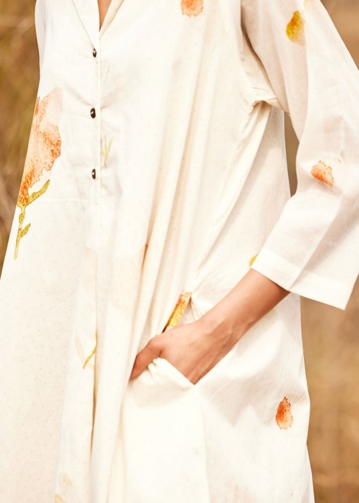 A Model Wearing White Cotton Mul French Hydrangea, curated by Only Ethikal