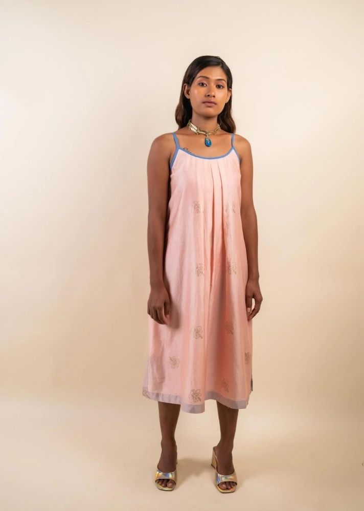 A Model Wearing Pink Cotton Silk Abha Camisole Dress, curated by Only Ethikal