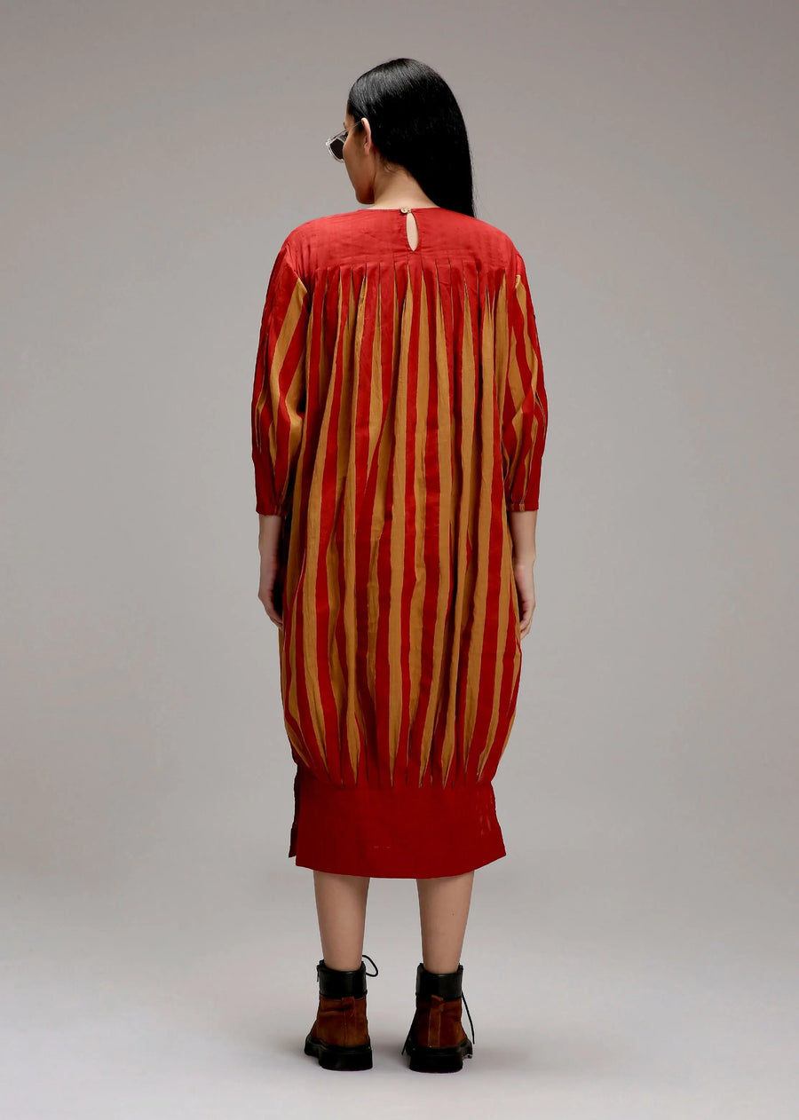 Tan-Brown Red Striped Balloon Dress