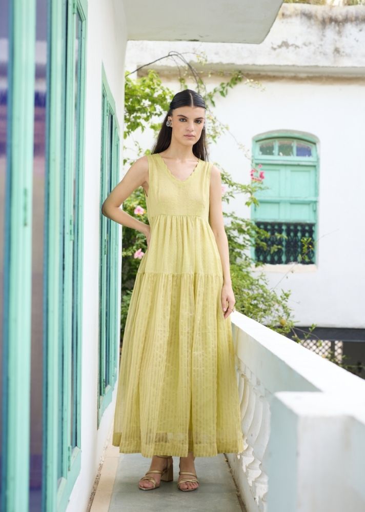 A Model Wearing Yellow  Chanderi Cotton Yellow Heer Tier  Maxi Dress  Maxi Dress , curated by Only Ethikal