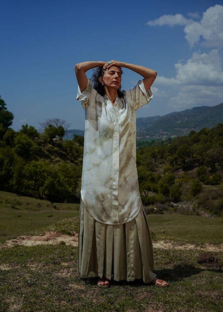 A Model Wearing Olive Vegan Silk L.15 Tailored Kurta Dress, curated by Only Ethikal
