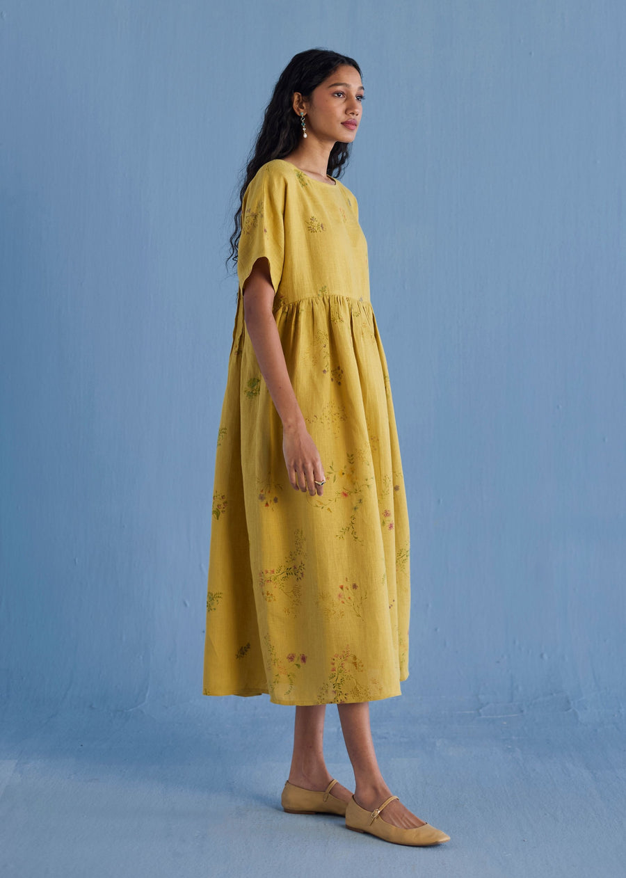 Rasa Floral Printed Sheer Linen Dress - Ochre