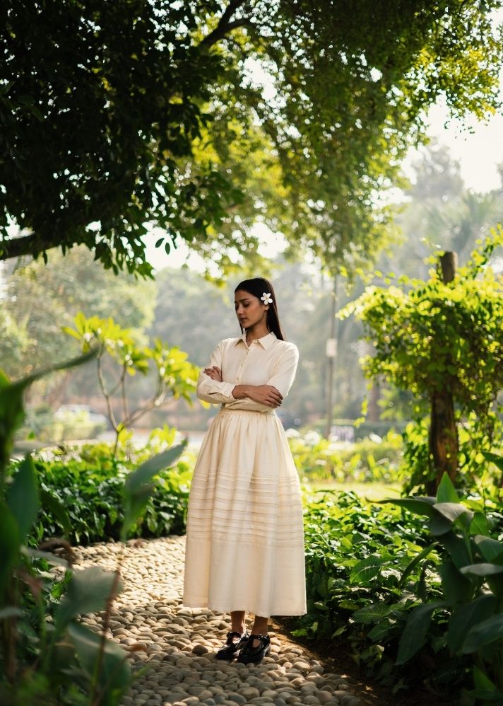 A Model Wearing White   Wool  White Misha Skirt, curated by Only Ethikal