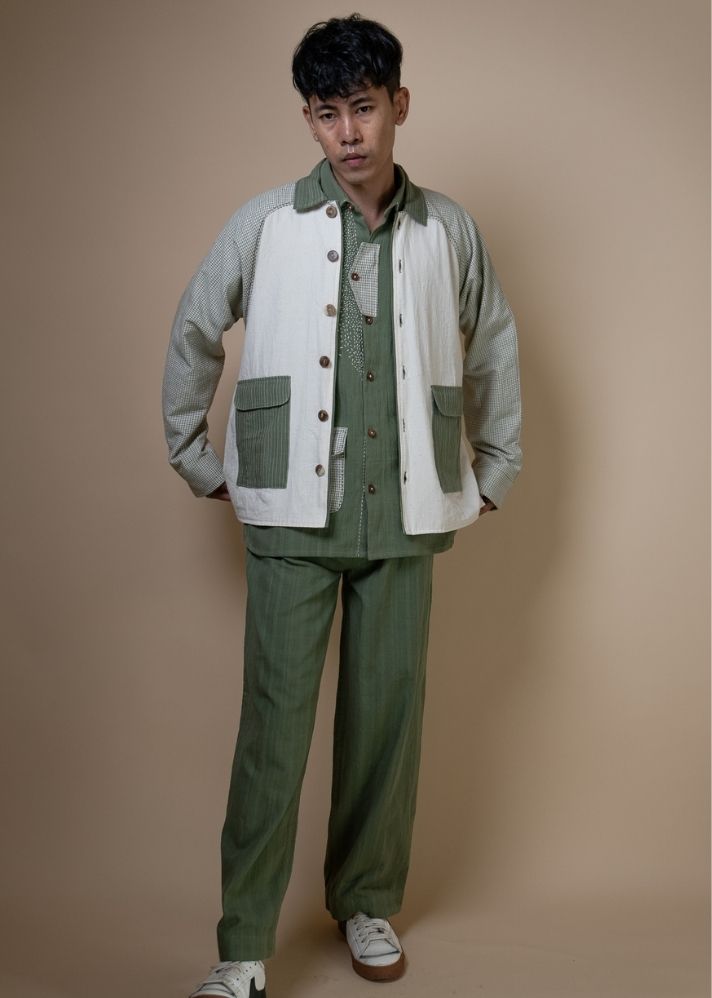 A Model Wearing Olive Pure Cotton Meadows Unisex Colour Blocked Shirt Jacket, curated by Only Ethikal
