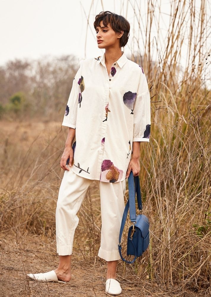 A Model Wearing White Cotton Mul Cascade fling Shirt, curated by Only Ethikal