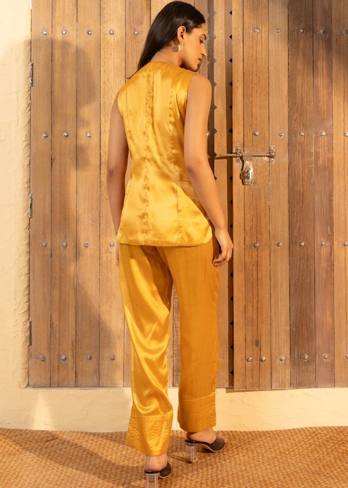 A Model Wearing Yellow Bemberg Silk Amara Top Yellow, curated by Only Ethikal