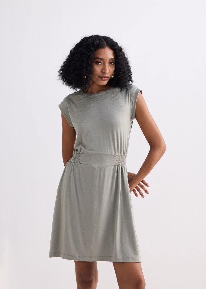 Short Dress With Smocking Side Detail In Light Olive