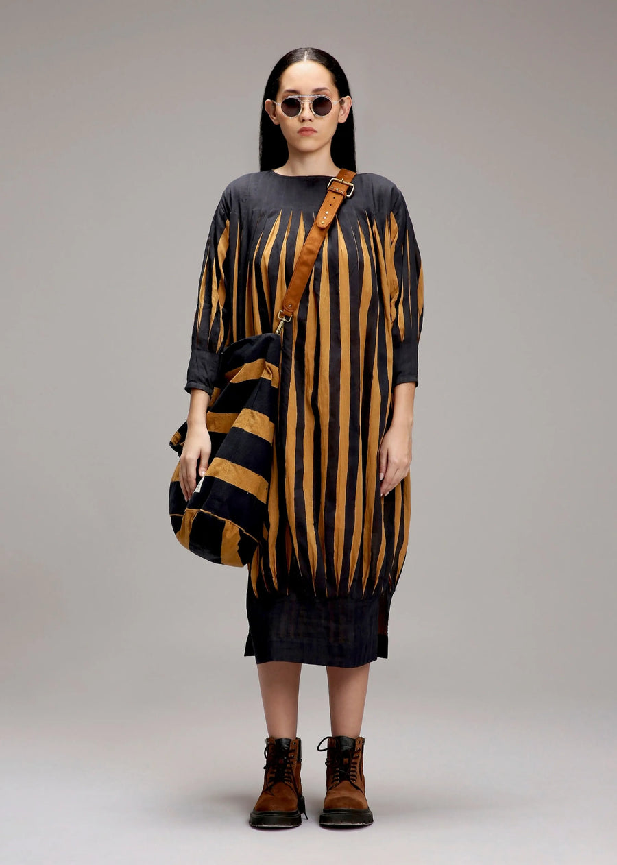 A Model Wearing Multicolor Cotton Tan-Brown Blue Striped Balloon Dress, curated by Only Ethikal