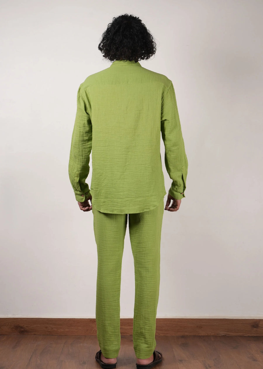 Men'S Green Crush Cotton Pocket Shirt & Pant Set (2 Pcs)
