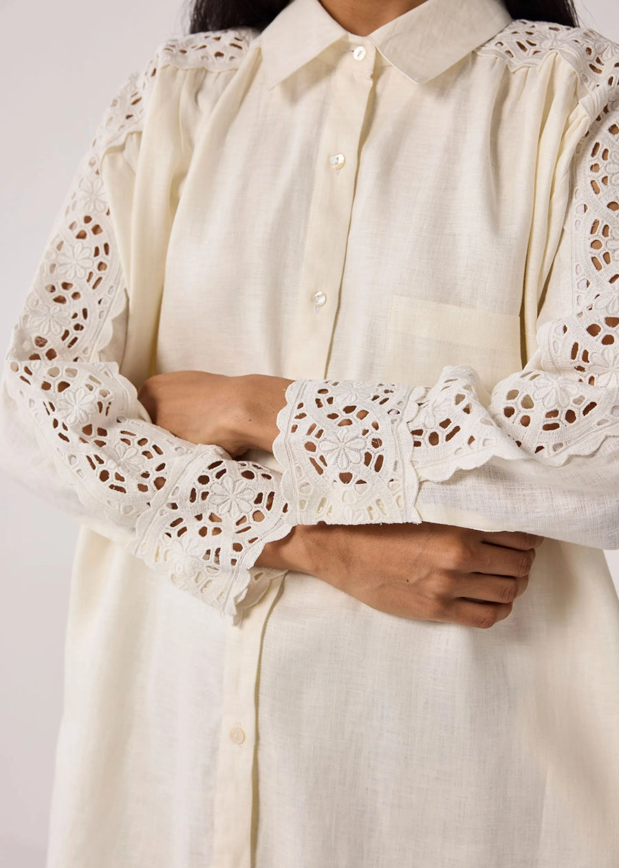Oversized Long Hemp Shirt With Embroidered Sleeve Detail In Off-White