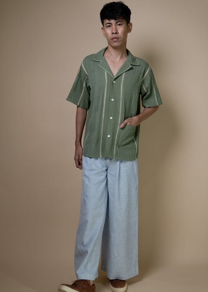 A Model Wearing Olive Pure Cotton Meadows Cuban Collar Shirt, curated by Only Ethikal