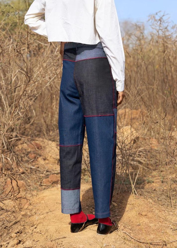 A Model Wearing Multicolor Upcycled Denim Eliza Tapered Pants, curated by Only Ethikal