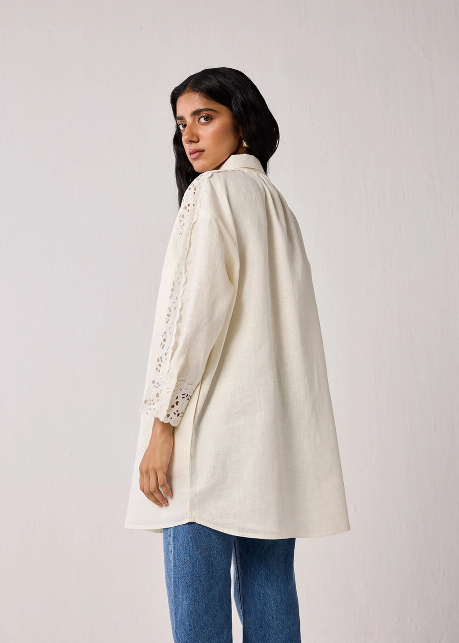 Oversized Long Hemp Shirt With Embroidered Sleeve Detail In Off-White