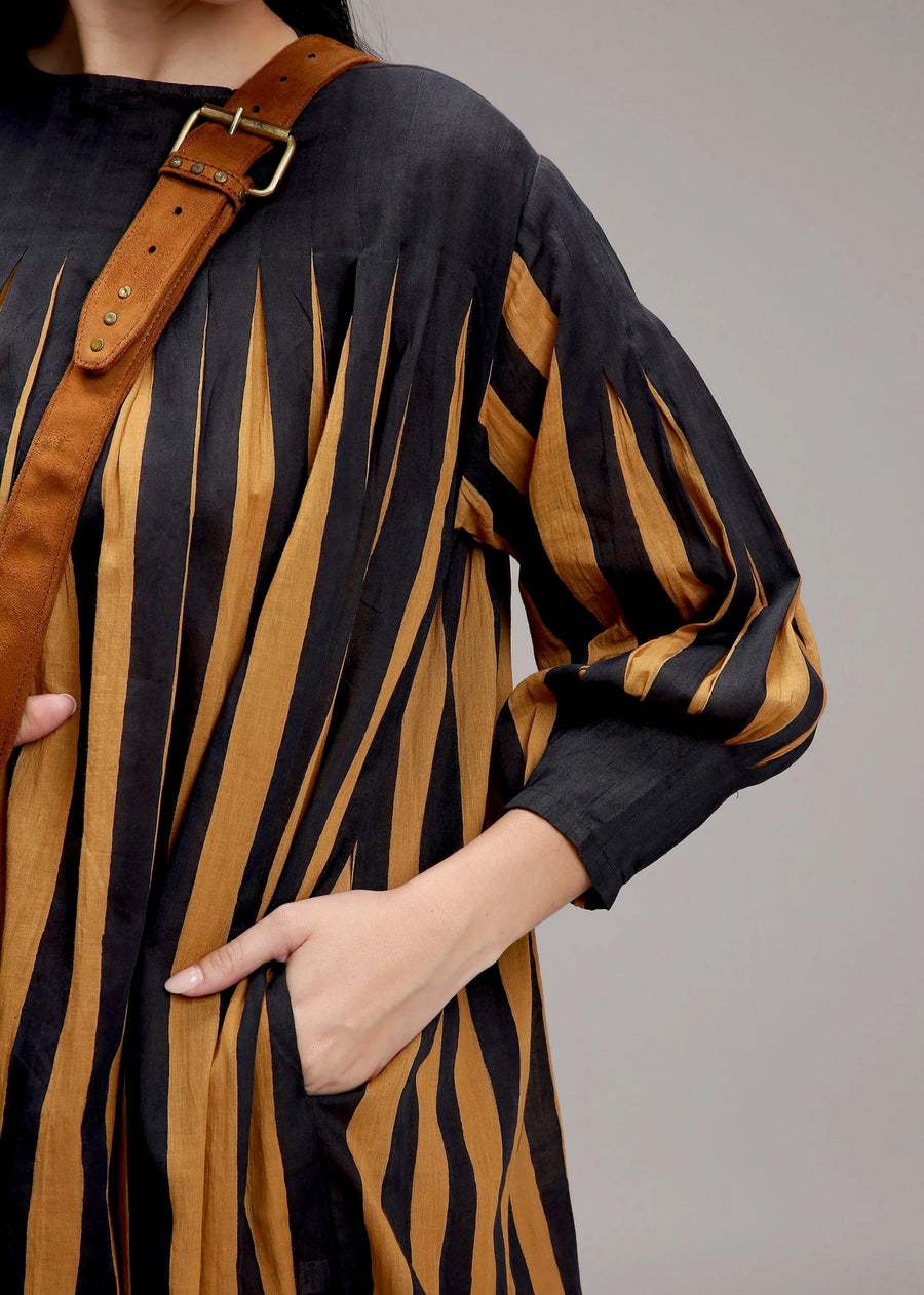 Tan-Brown Blue Striped Balloon Dress