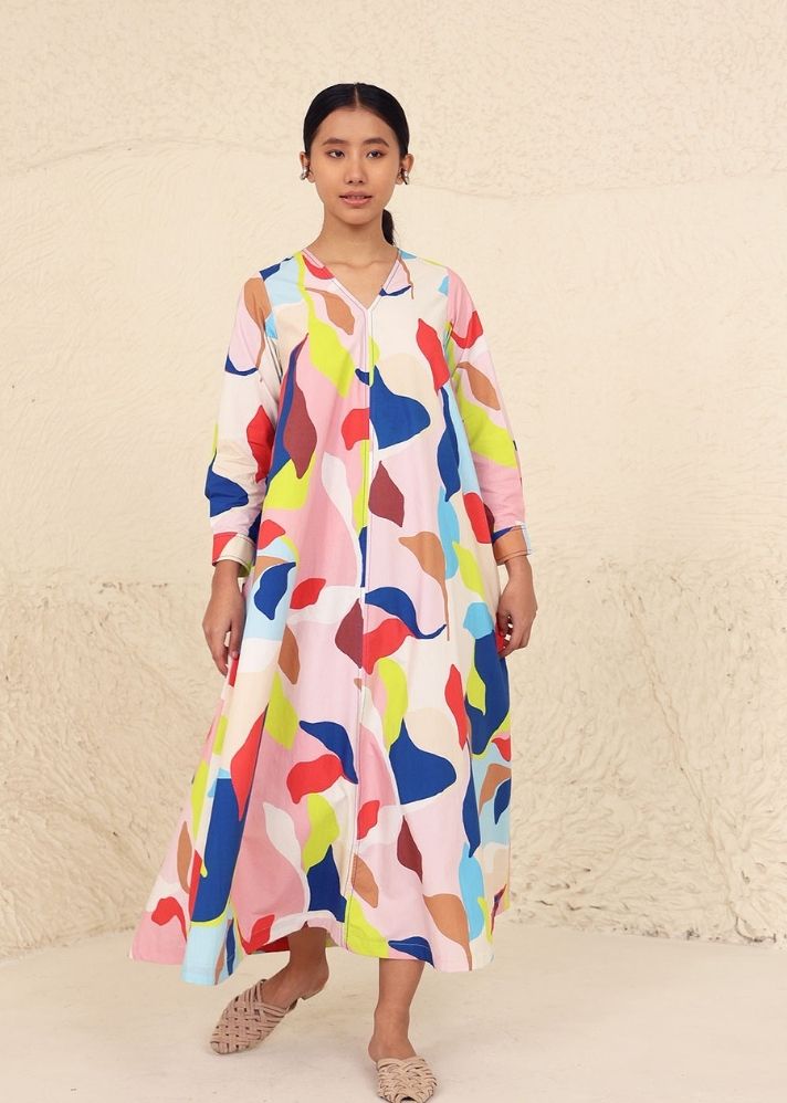 A Model Wearing Multicolor Cotton Milani Multi Print Dress, curated by Only Ethikal