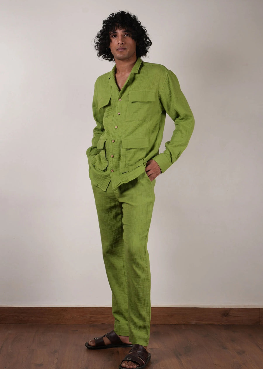 Men'S Green Crush Cotton Pocket Shirt & Pant Set (2 Pcs)