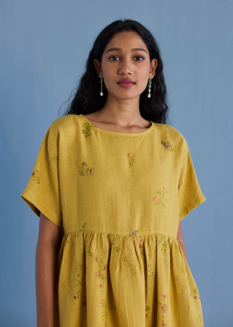 Rasa Floral Printed Sheer Linen Dress - Ochre