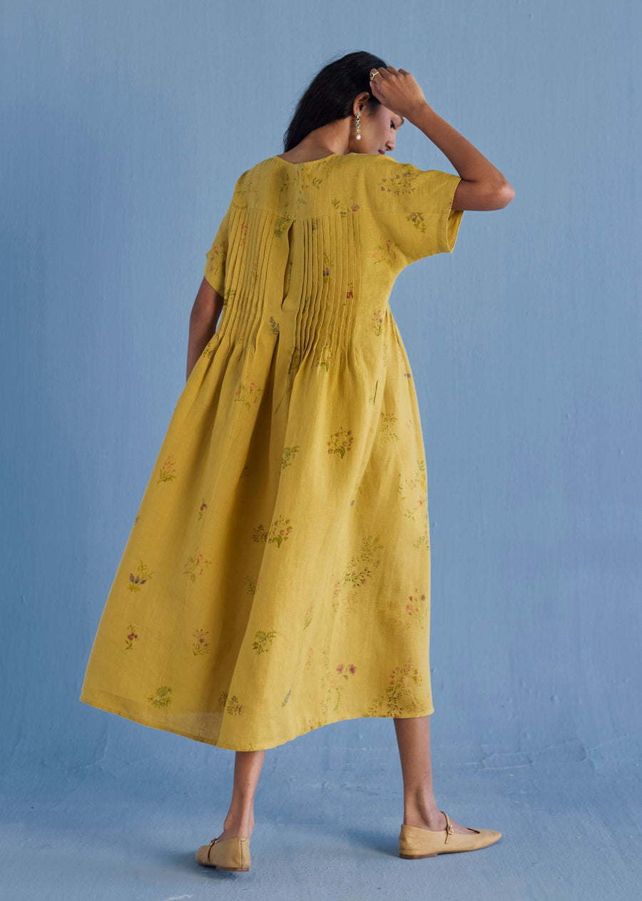 Rasa Floral Printed Sheer Linen Dress - Ochre