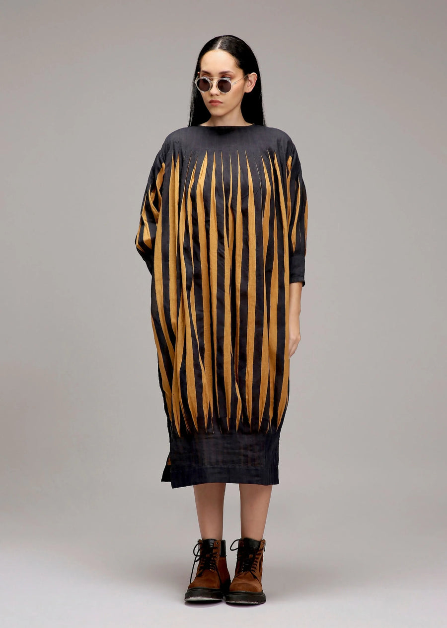 Tan-Brown Blue Striped Balloon Dress