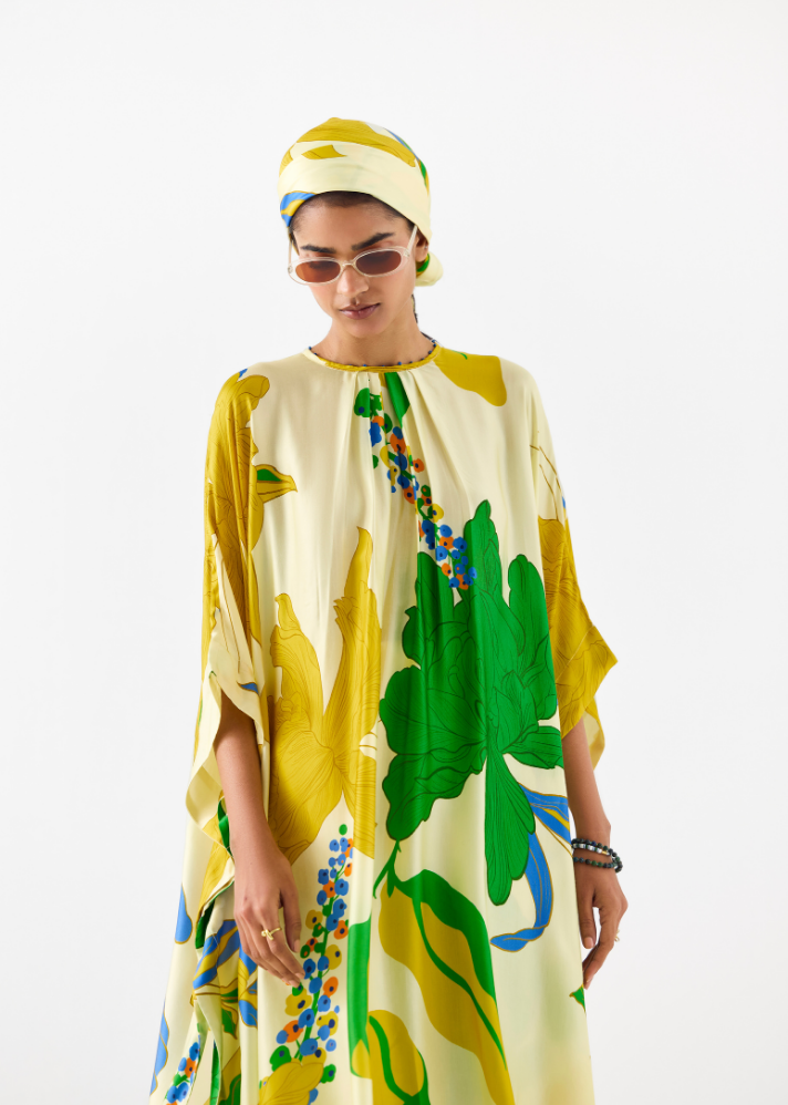 A Model Wearing Multicolor Vegan Silk Yellow Rose Kimono Kurta & Pants , curated by Only Ethikal