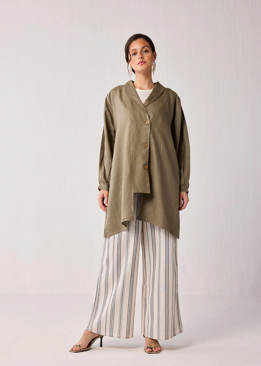 A Model Wearing Green Hemp Oversized Mid-Length Hemp Overlay With Shawl Collar In Dark Green, curated by Only Ethikal