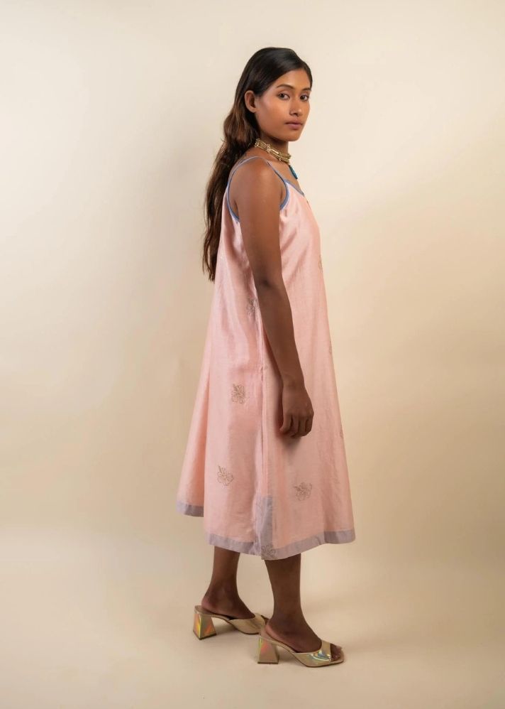 A Model Wearing Pink Cotton Silk Abha Camisole Dress, curated by Only Ethikal