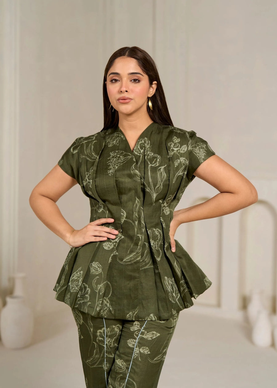 A Model Wearing Olive Linen Bemberg Quell Top, curated by Only Ethikal