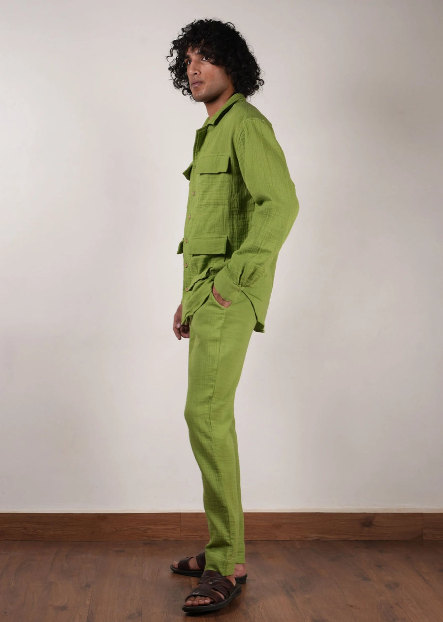 Men'S Green Crush Cotton Pocket Shirt & Pant Set (2 Pcs)