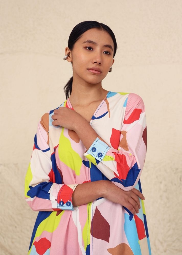 A Model Wearing Multicolor Cotton Milani Multi Print Dress, curated by Only Ethikal