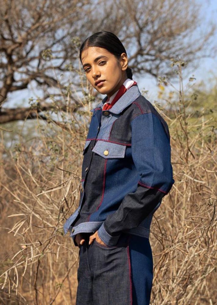 A Model Wearing Multicolor Upcycled Denim Cheryl Patch Jacket, curated by Only Ethikal