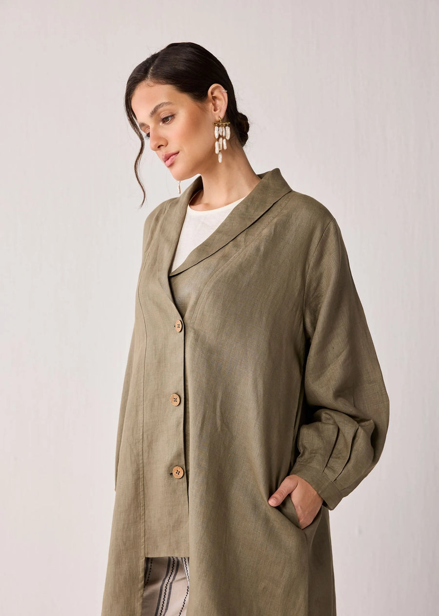 Oversized Mid-Length Hemp Overlay With Shawl Collar In Dark Green